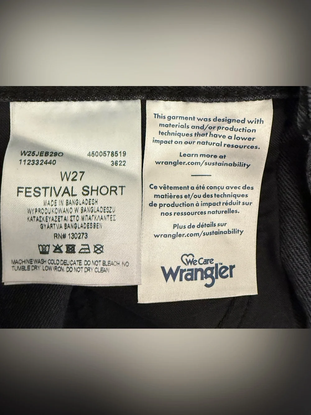 Wrangler Women’s High-Rise Festival Denim Shorts in washed black. Size 27